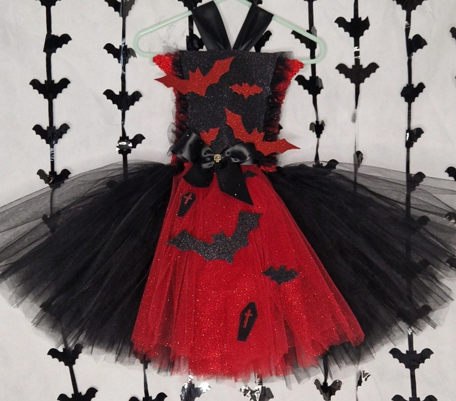 Enchanted Bat Princess Tutu Dress – Red & Black Sparkle