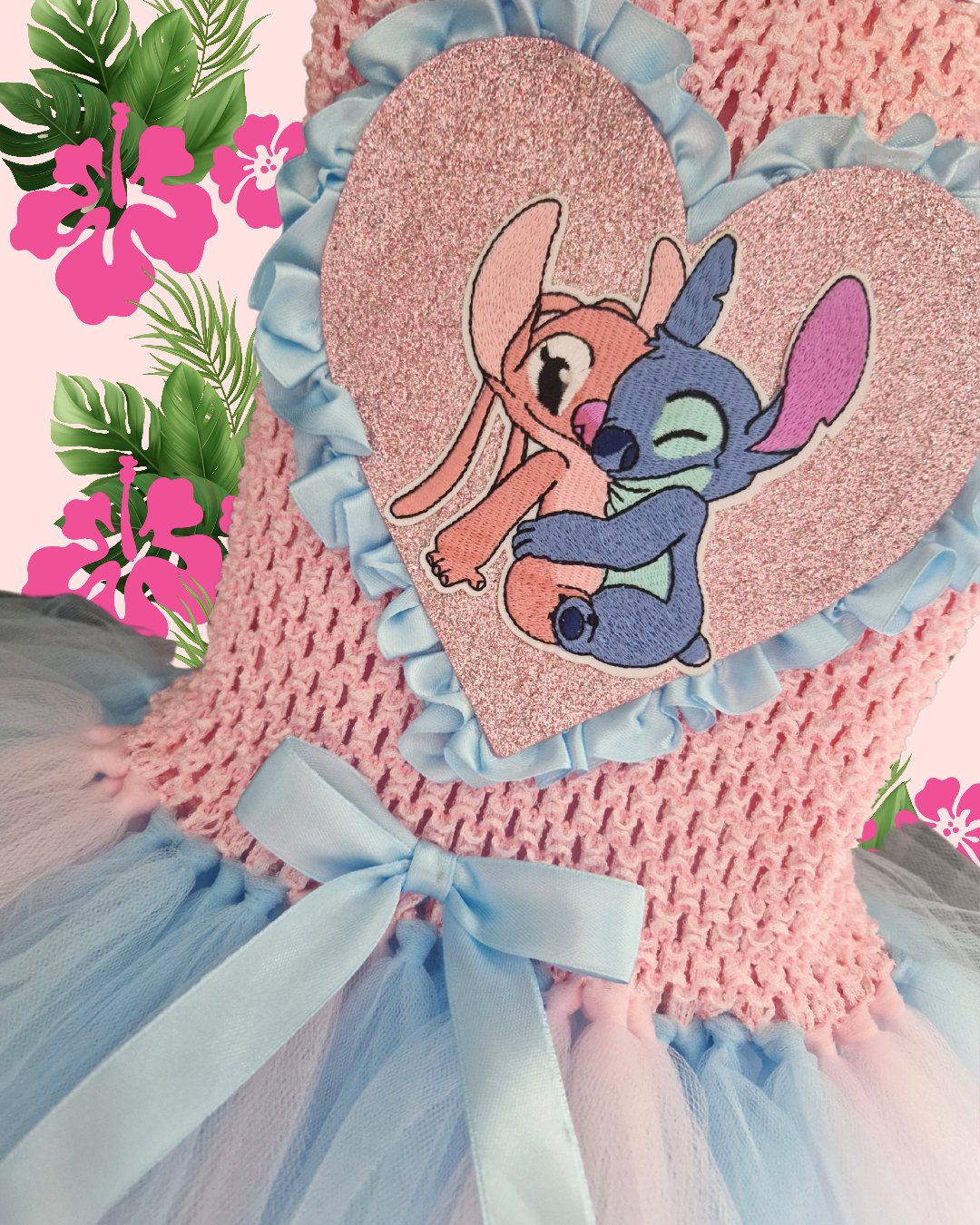 Handmade Stitch & Angel Tutu Dress – Pink & Blue Birthday Outfit for Girls | Disney-Inspired Dress-Up Costume