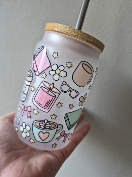 Cosy, Book Lover Frosted Glass Tumbler - 16oz 📔🥤