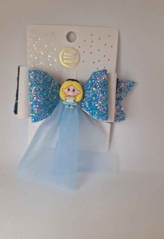 Wonderland Hair Bow – Handmade Glitter Leatherette & Tulle Dress Bow – Disney Inspired Accessory – Girls Party Hair Clip