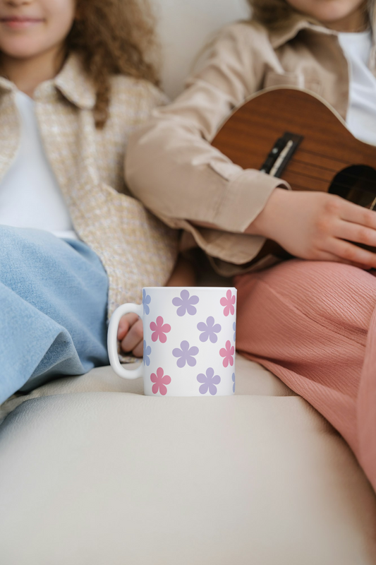 “Petals & Positivity” Floral Mug – Pink & Purple Flower Coffee Cup, Elegant Gift for Her