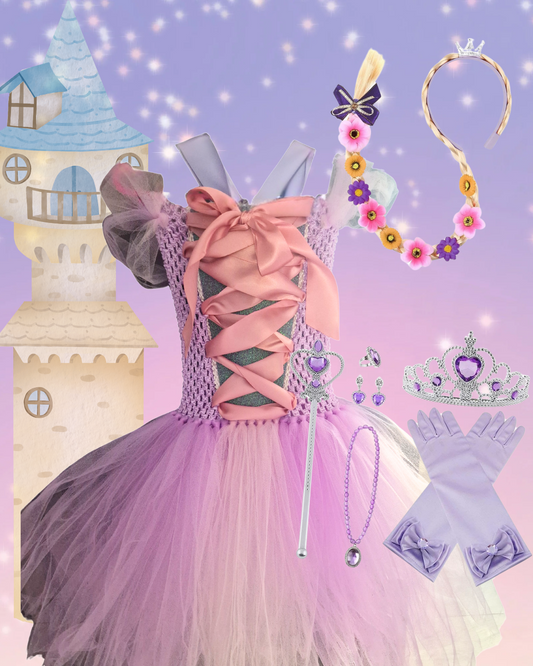 Rapunzel-Inspired Princess Dress with Tiara, Wand & Braid – Kids Costume Set